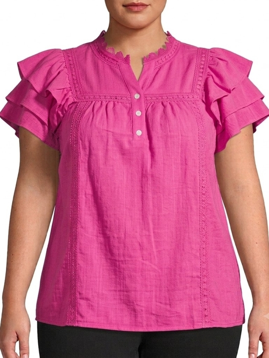 Tops - Womens Bright Pink Ruffle Sleeve Button Front Top